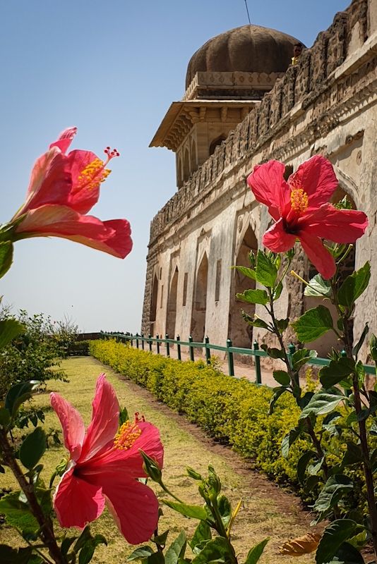 Roopmati's Pavilion from the garden with Hibiscus flowers